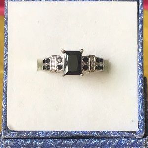 Black spinel and cz accents silver ring